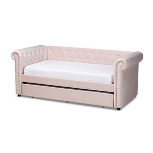 baxton studio mabelle velvet and wood twin daybed with trundle in light pink