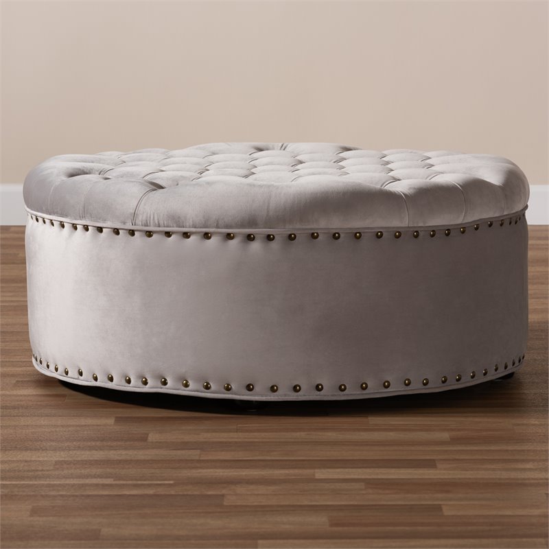 Baxton Studio Iglehart Modern Tufted Velvet Coffee Table Ottoman in Light Gray