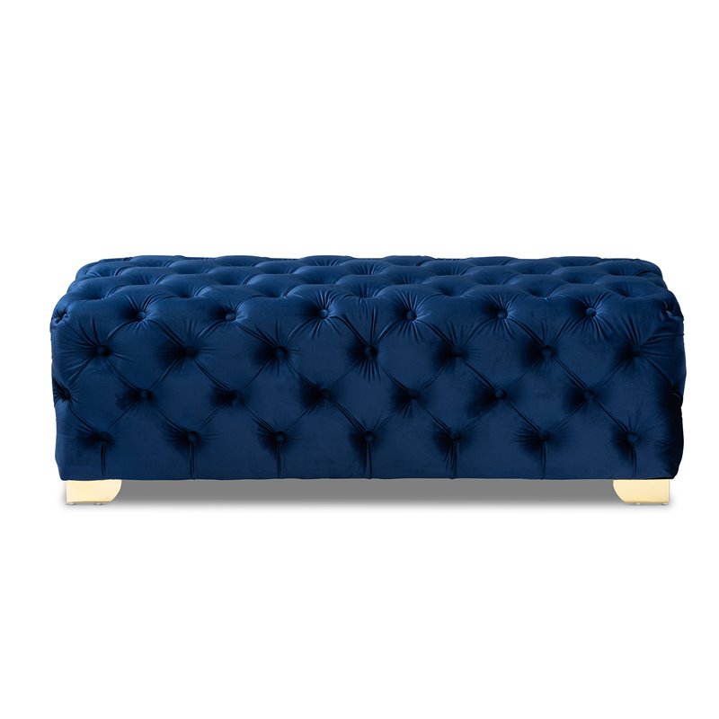Baxton Studio Avara Modern Tufted Velvet Ottoman in Blue and Gold