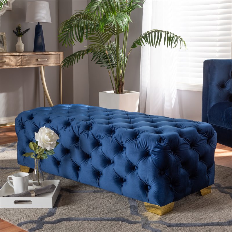 Baxton Studio Avara Modern Tufted Velvet Ottoman in Blue and Gold