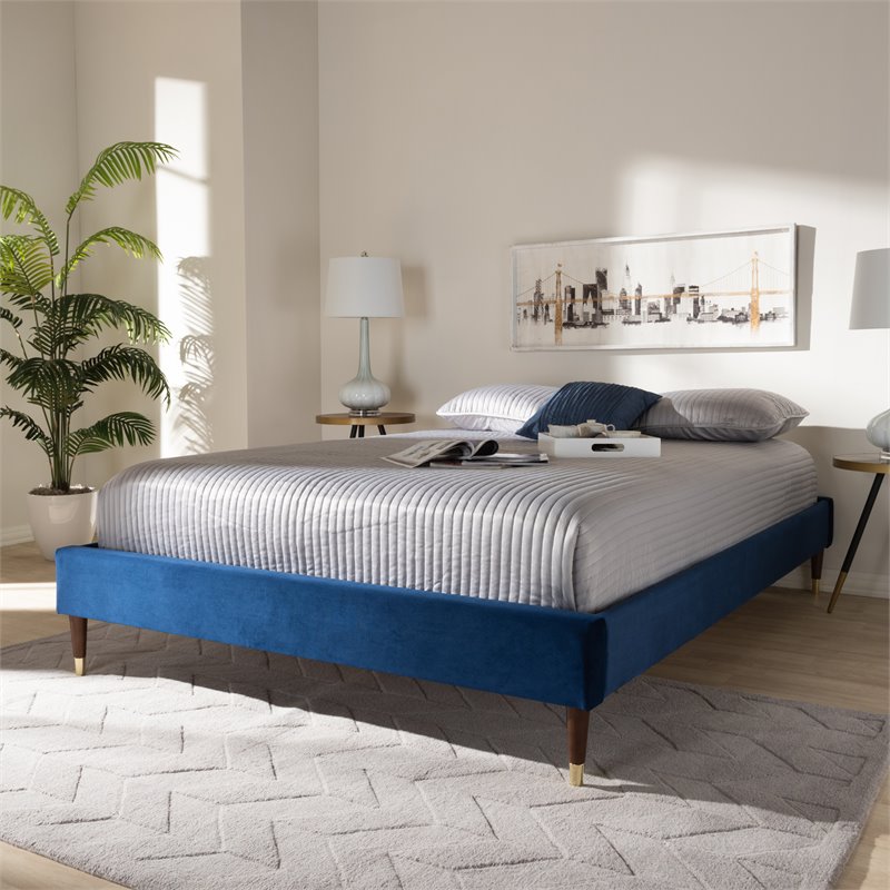 Baxton Studio Volden Velvet Upholstered Wood Platform Full Bed in Navy Blue