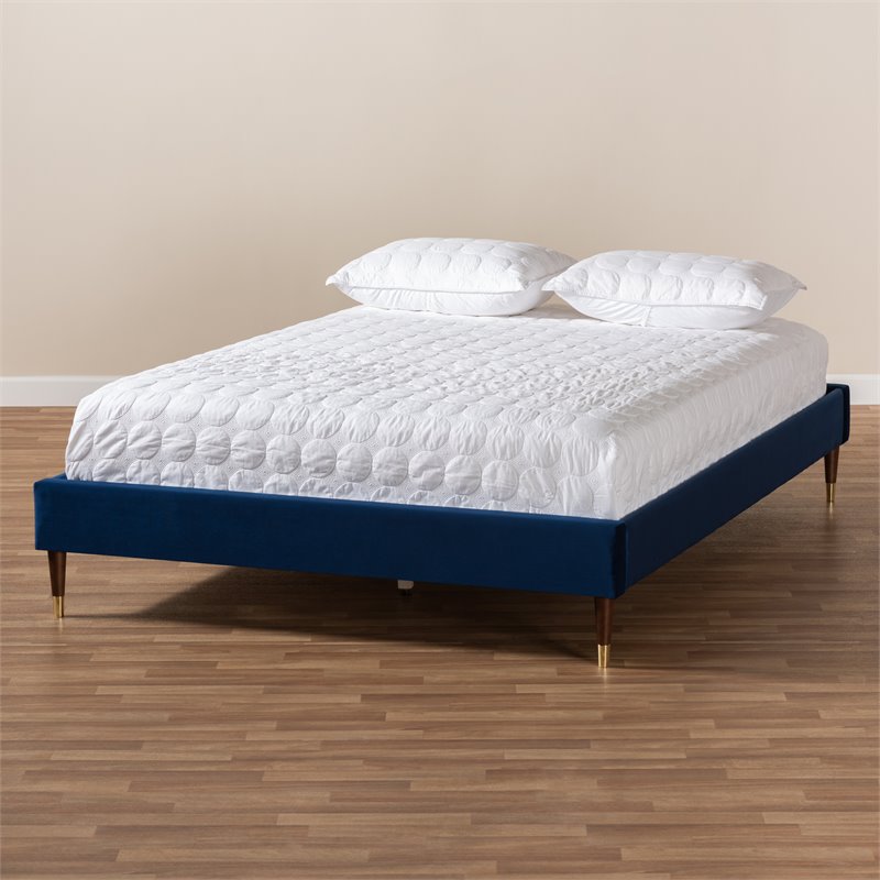 Baxton Studio Volden Velvet Upholstered Wood Platform Full Bed in Navy Blue
