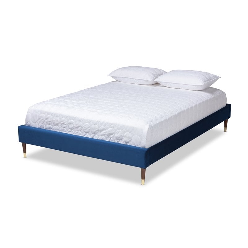 Baxton Studio Volden Velvet Upholstered Wood Platform Full Bed in Navy Blue