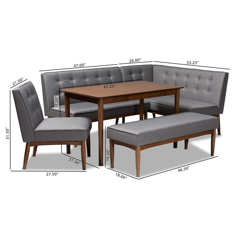 Baxton Studio Arvid Modern Tufted Fabric 5-Piece Wood Dining Nook Set in Gray