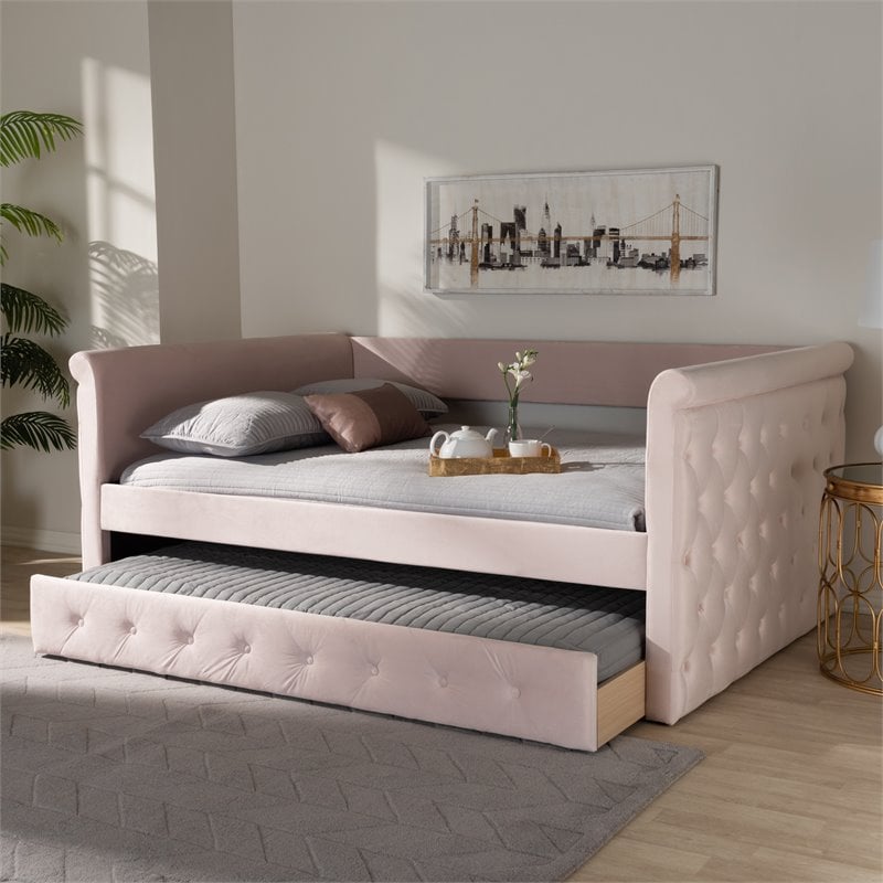Baxton Studio Amaya Velvet and Wood Full Daybed with Trundle in Light Pink