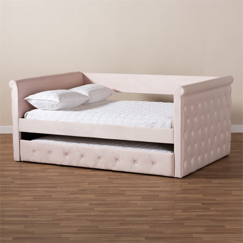 Baxton Studio Amaya Velvet and Wood Full Daybed with Trundle in Light Pink