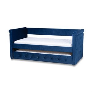 baxton studio amaya velvet and wood twin daybed with trundle in navy blue