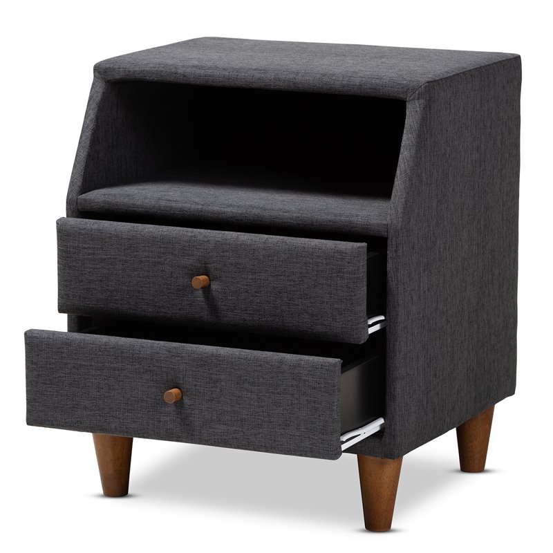 Baxton Studio Claverie 2-Drawer Fabric and Wood Nightstand in Charcoal Gray