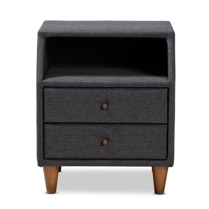 Baxton Studio Claverie 2-Drawer Fabric and Wood Nightstand in Charcoal Gray