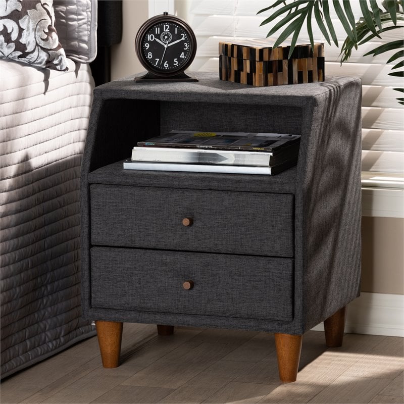 Baxton Studio Claverie 2-Drawer Fabric and Wood Nightstand in Charcoal Gray