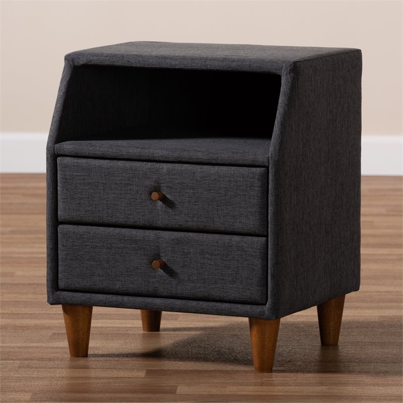 Baxton Studio Claverie 2-Drawer Fabric and Wood Nightstand in Charcoal Gray