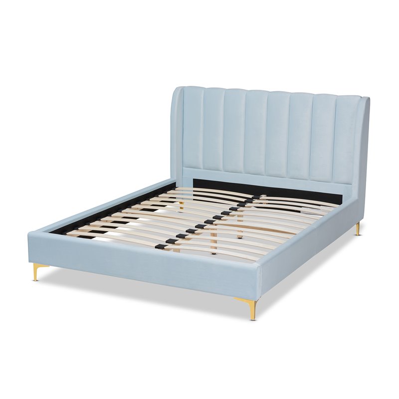 Baxton Studio Saverio Modern Velvet Upholstered Queen Platform Bed in Light Blue