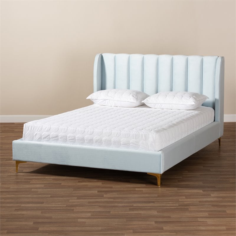 Baxton Studio Saverio Modern Velvet Upholstered Queen Platform Bed in Light Blue