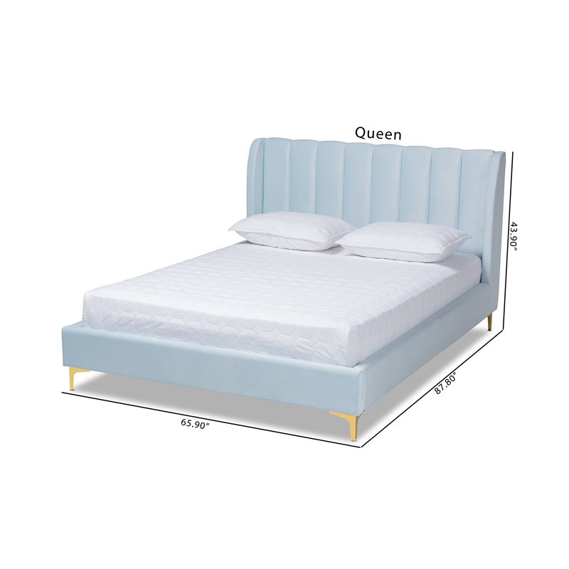 Baxton Studio Saverio Modern Velvet Upholstered Queen Platform Bed in Light Blue