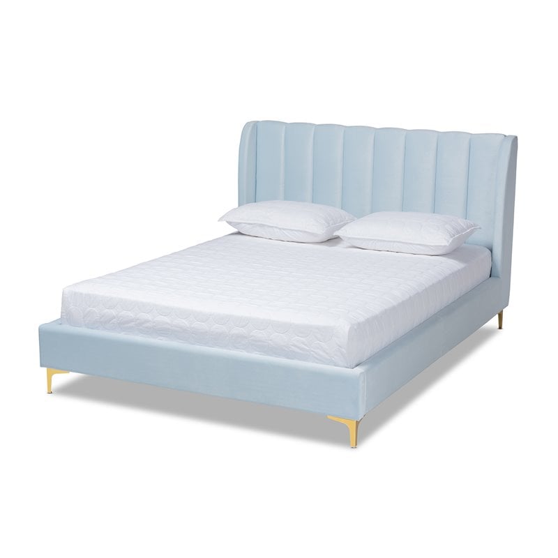 Baxton Studio Saverio Modern Velvet Upholstered Queen Platform Bed in Light Blue