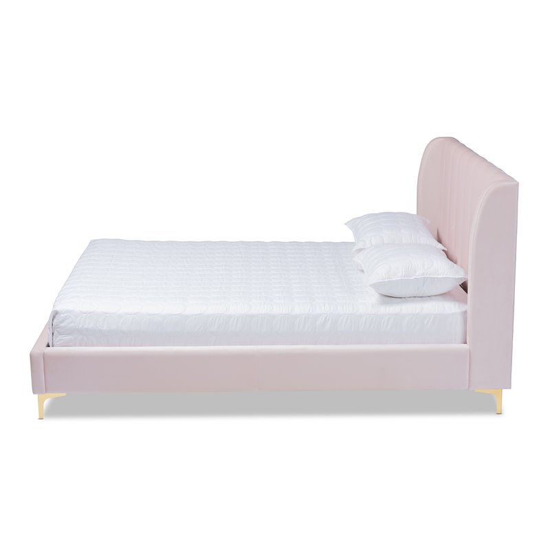 Baxton Studio Saverio Modern Velvet Upholstered Queen Platform Bed in Light Pink
