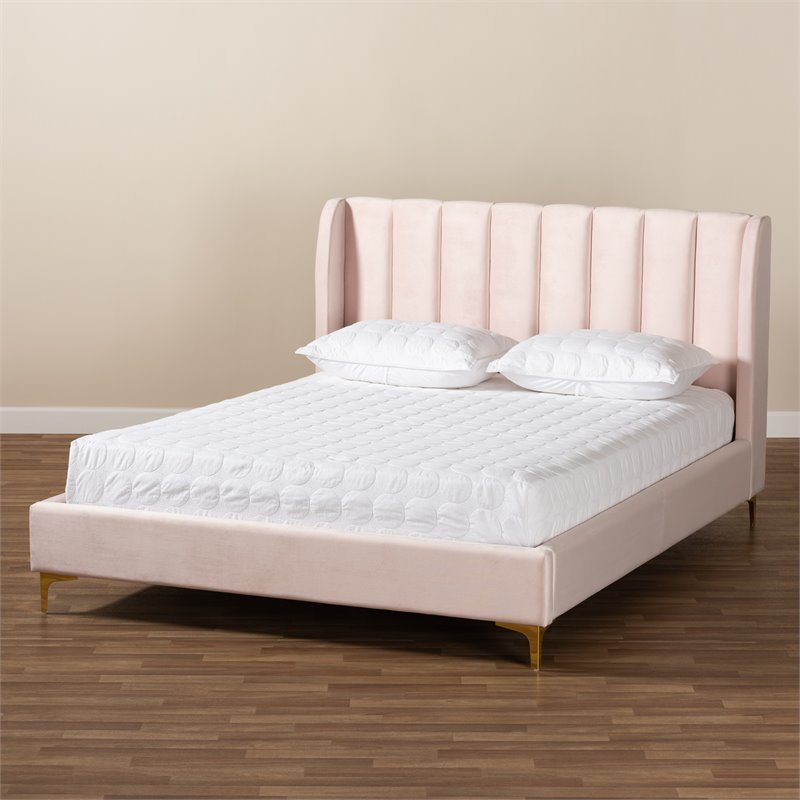 Baxton Studio Saverio Modern Velvet Upholstered Queen Platform Bed in Light Pink