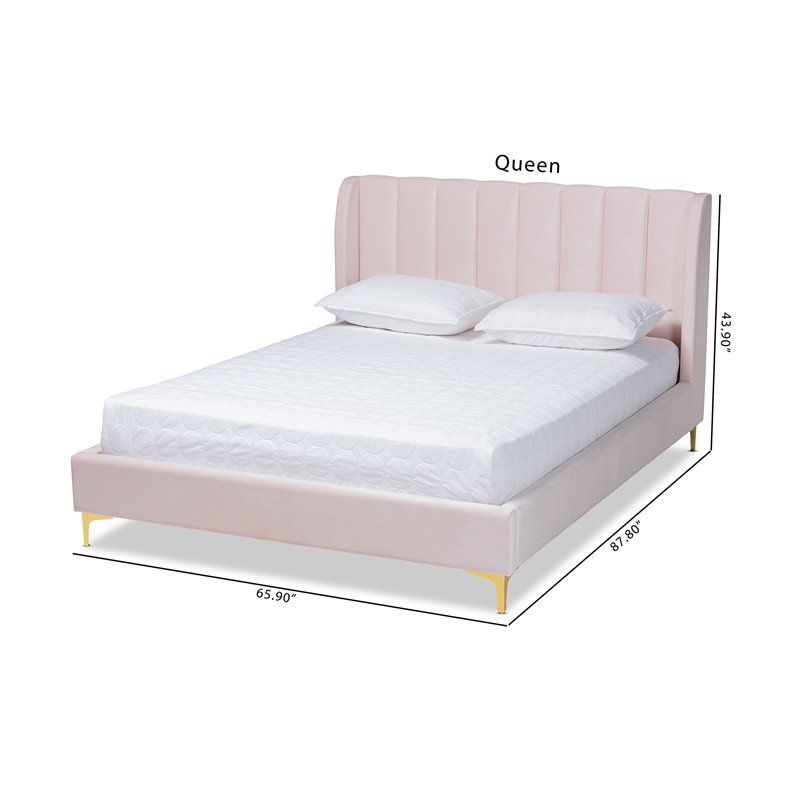 Baxton Studio Saverio Modern Velvet Upholstered Queen Platform Bed in Light Pink