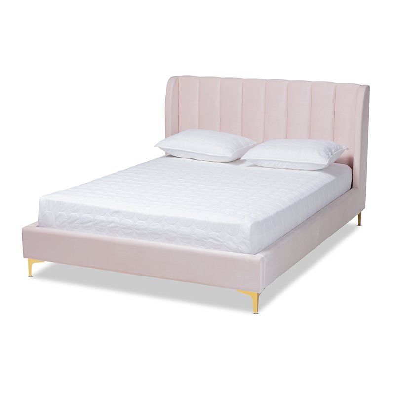 Baxton Studio Saverio Modern Velvet Upholstered Queen Platform Bed in Light Pink