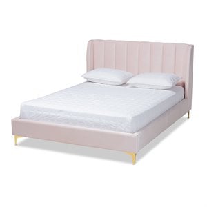 baxton studio saverio modern velvet upholstered queen platform bed in light pink
