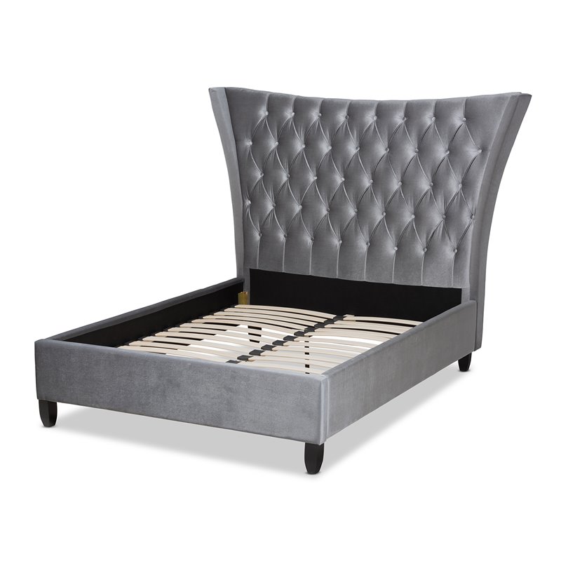 Baxton Studio Viola Modern Velvet Upholstered Queen Platform Bed in Gray