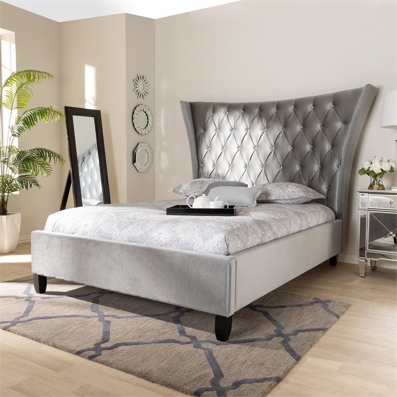 Baxton Studio Viola Modern Velvet Upholstered Queen Platform Bed in Gray