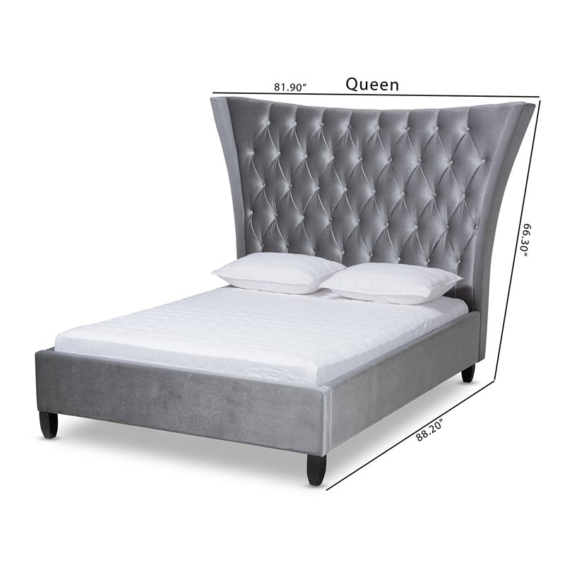 Baxton Studio Viola Modern Velvet Upholstered Queen Platform Bed in Gray