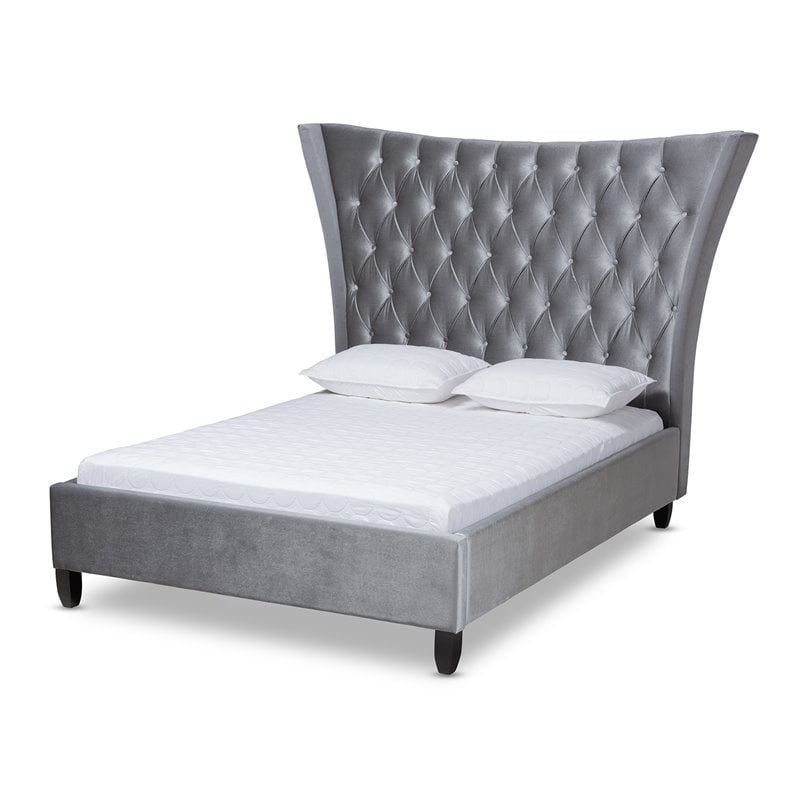 Baxton Studio Viola Modern Velvet Upholstered Queen Platform Bed in Gray