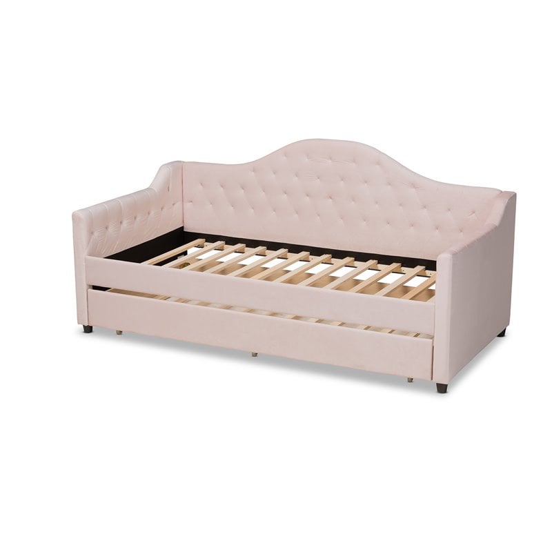 Baxton Studio Perry Velvet Upholstered Twin Daybed with Trundle in Pink
