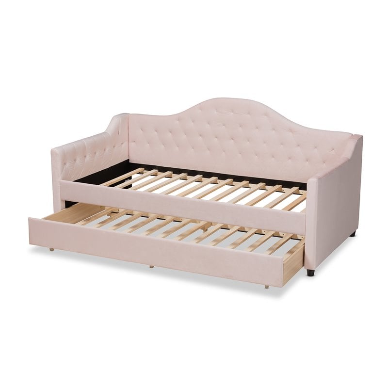 Baxton Studio Perry Velvet Upholstered Twin Daybed with Trundle in Pink