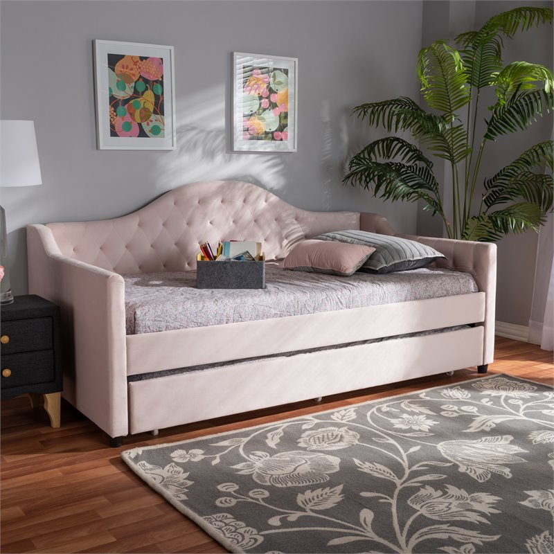 Baxton Studio Perry Velvet Upholstered Twin Daybed with Trundle in Pink