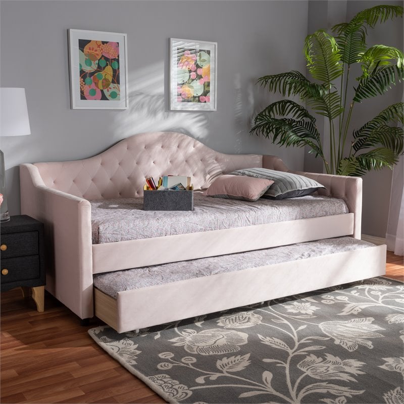 Baxton Studio Perry Velvet Upholstered Twin Daybed with Trundle in Pink