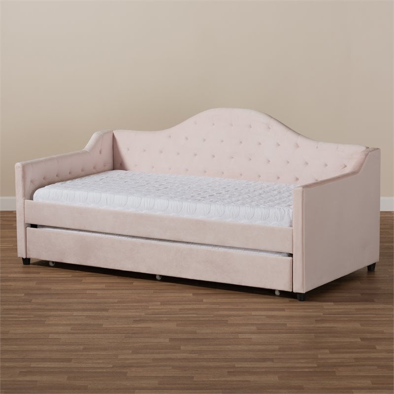 Baxton Studio Perry Velvet Upholstered Twin Daybed with Trundle in Pink