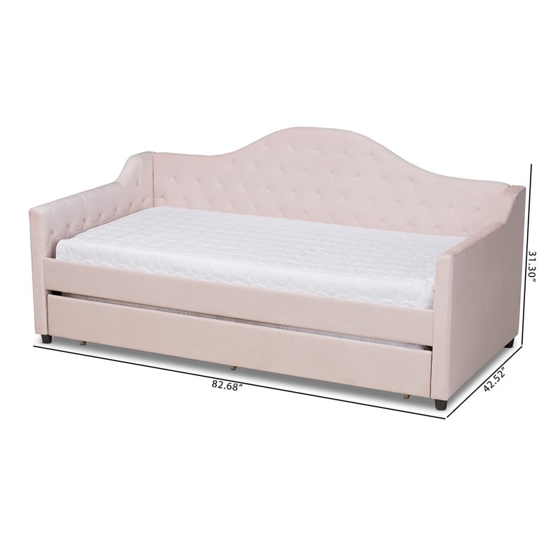 Baxton Studio Perry Velvet Upholstered Twin Daybed with Trundle in Pink