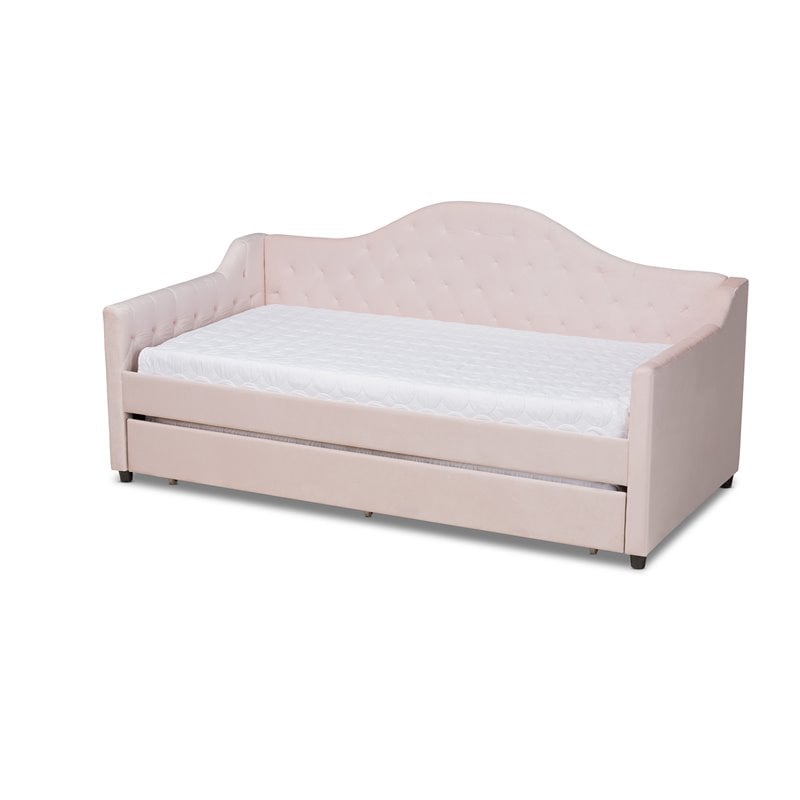 Baxton Studio Perry Velvet Upholstered Twin Daybed with Trundle in Pink