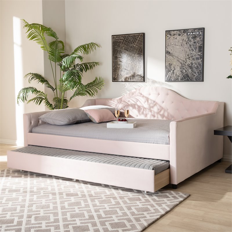 Baxton Studio Perry Velvet Upholstered Full Daybed with Trundle in Pink