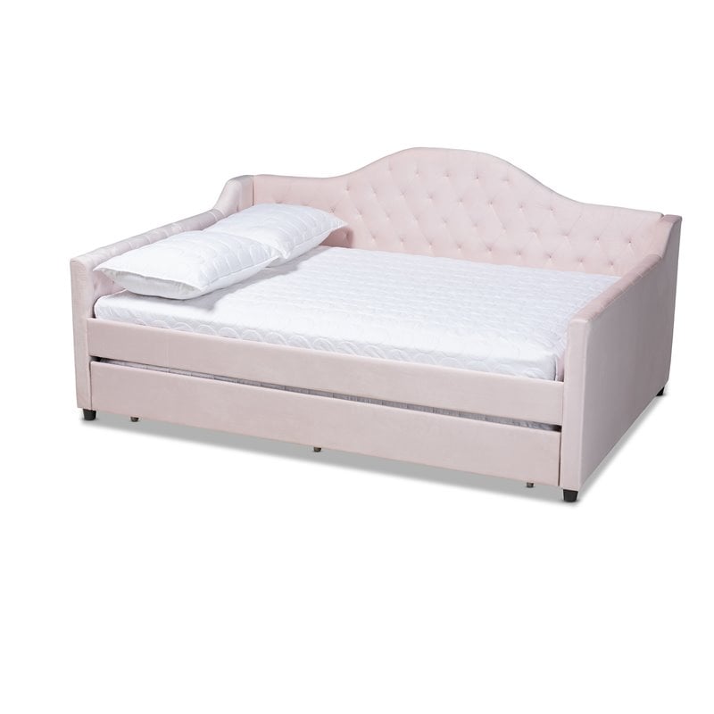 Baxton Studio Perry Velvet Upholstered Full Daybed with Trundle in Pink
