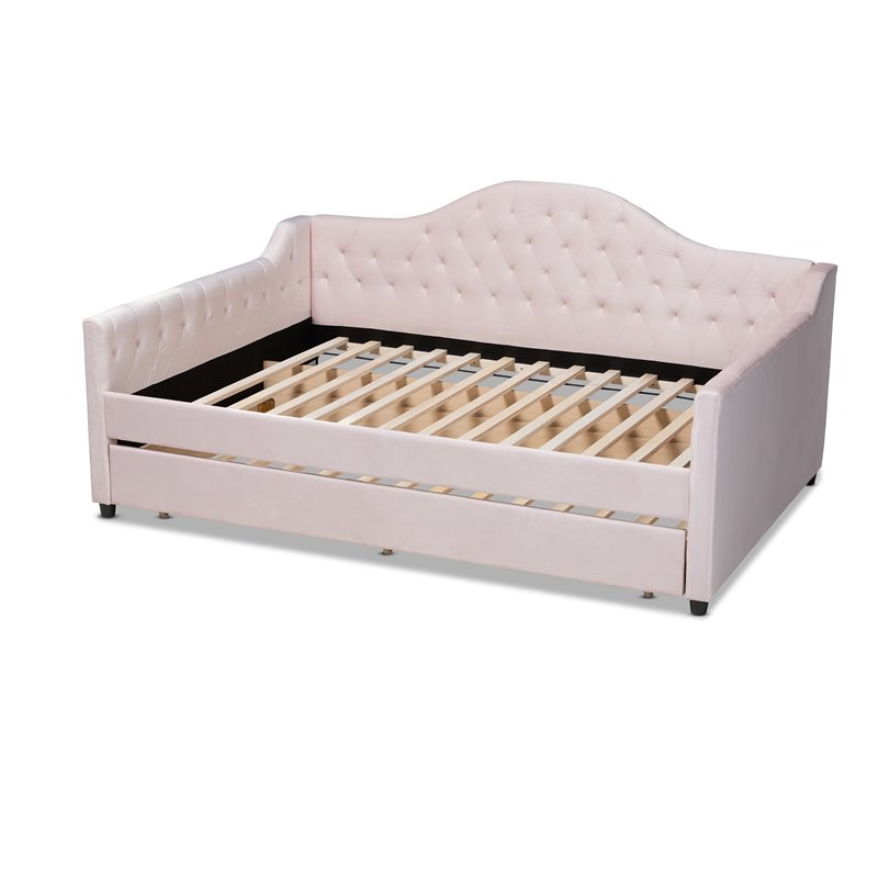 Baxton Studio Perry Velvet Upholstered Queen Daybed with Trundle in Pink