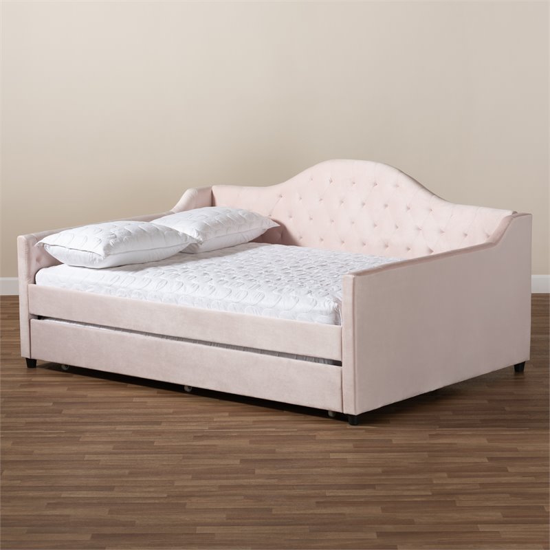 Baxton Studio Perry Velvet Upholstered Queen Daybed with Trundle in Pink