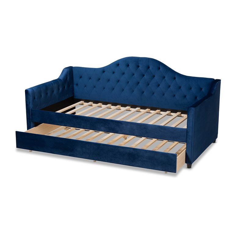 Baxton Studio Perry Contemporary Tufted Velvet Twin Daybed with Trundle in Blue
