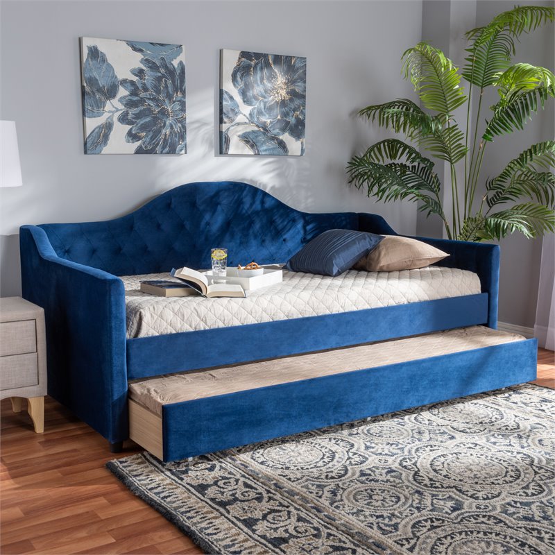 Baxton Studio Perry Contemporary Tufted Velvet Twin Daybed with Trundle in Blue