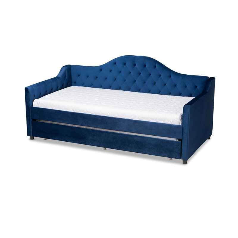 Baxton Studio Perry Contemporary Tufted Velvet Twin Daybed with Trundle in Blue