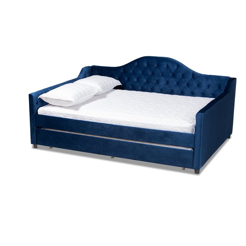 Baxton Studio Perry Velvet Upholstered Full Daybed with Trundle in Blue