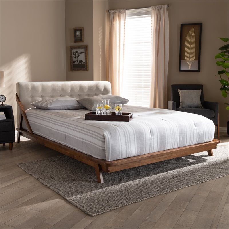 Baxton Studio Sante Mid-Century Upholstered Wood Full Platform Bed - Light Beige