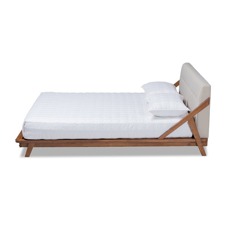 Baxton Studio Sante Mid-Century Wood and Fabric Queen Platform Bed - Light Beige