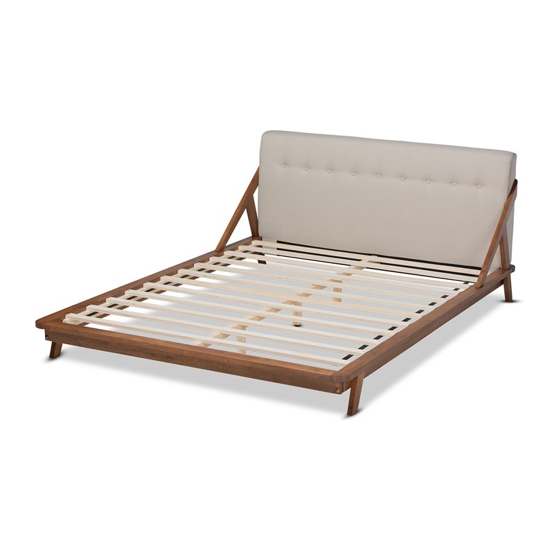 Baxton Studio Sante Mid-Century Wood and Fabric Queen Platform Bed - Light Beige