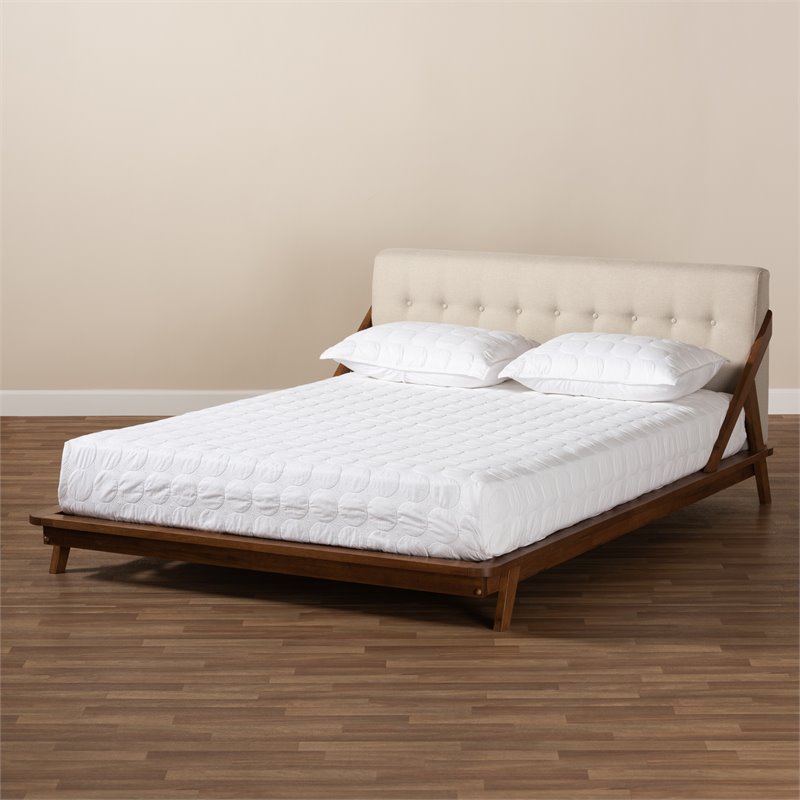 Baxton Studio Sante Mid-Century Wood and Fabric Queen Platform Bed - Light Beige