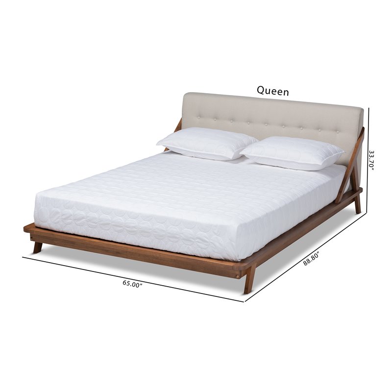 Baxton Studio Sante Mid-Century Wood and Fabric Queen Platform Bed - Light Beige