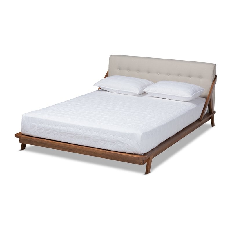 Baxton Studio Sante Mid-Century Wood and Fabric King Platform Bed - Light Beige