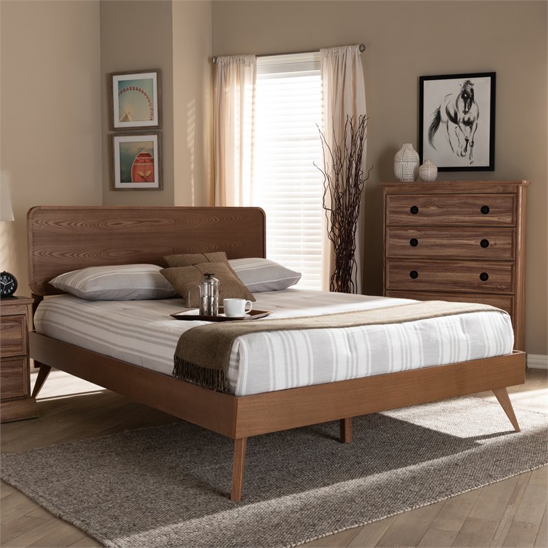 Baxton Studio Demeter Mid-Century Wood Queen Platform Bed in Walnut Brown